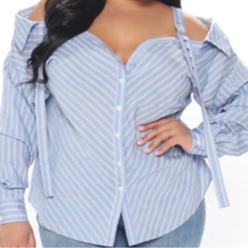 Fashion Nova Light Blue Striped Cold-Shoulder Button Down Top
